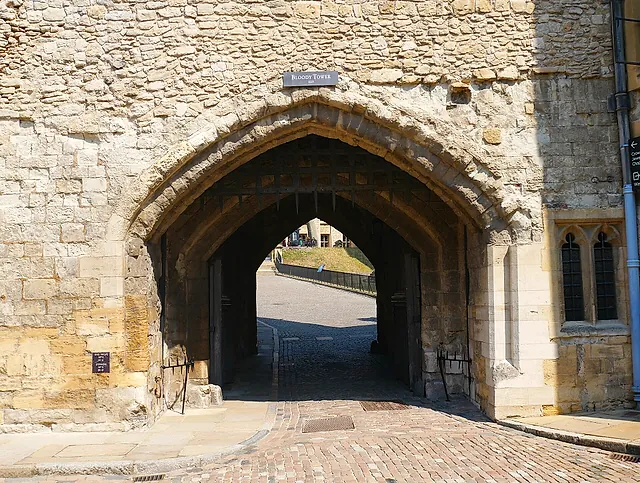 The southern face of the Bloody Tower, with the arched gateway through the inner wall of the Tower of London
